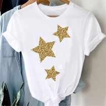 Casual Style Guldstjärntryckt Lös T-shirt med Kort Ärm och Rundhals