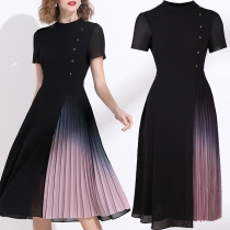 Fashion Short Sleeve Round Neck Color Gradient Pleated Hem Chiffon Dress