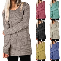 Casual Style Long Sleeve Round Neck Slit Hem Front-pocket Loose Sweatshirt