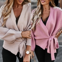 Fashion Solid Color Lantern Sleeve Lace-up Beaded Knit Cardigan