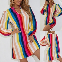 Fashion Lantern Sleeve V-neck Rainbow Stripe Dress