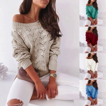 Fashion Dolman Sleeve Round Neck Solid Color Hollow Out Knit Top
