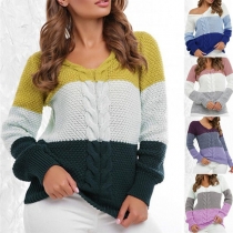 Fashion Contrast Color Long Sleeve V-neck Pullover Sweater
