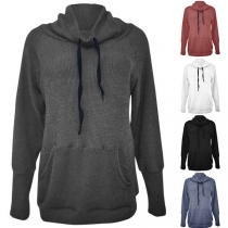 Casual Style Long Sleeve Drawstring Cowl Neck Solid Color Knit Top