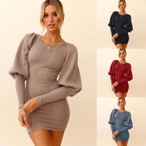 Fashion Lantern Sleeve Round Neck Solid Color Slim Fit Knit Dress