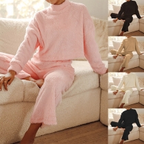 Fashion Long Sleeve Mock Neck Plush Top + Pants Home-wear Two-piece Set