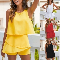 Fashion Solid Color Sleeveless Round Neck Chiffon Romper
