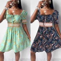 Sexy Backless Square Collar Puff Sleeve High Waist Printed Dress