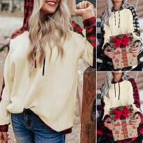 Fashion Plaid Spliced Long Sleeve Hooded Sweatshirt + Pants Sports Suit