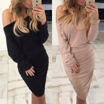 Sexy Off-shoulder Oblique Shoulder Long Sleeve Solid Color Slim Fit Dress