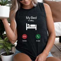 Casual Stil Telefon Knappdesign Ärmlöst Linne med Rund Hals