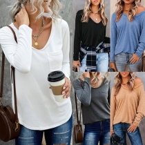 Fashion Solid Color Long Sleeve V-neck Loose T-shirt