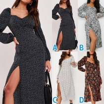 Sexy Slit Hem Long Sleeve Square Collar Slim Fit Printed Dress