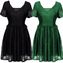 Sexy V-neck Short Sleeve High Waist Solid Color Lace Party Dress