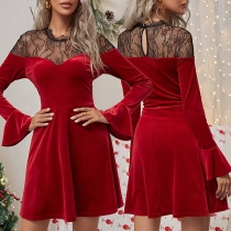 Sexy See-through Gauze Spliced Ruffle Cuff Long Sleeve Slim Fit A-line Dress