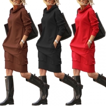 Casual Style Long Sleeve Solid Color Hooded Sweatshirt Dress