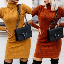 Fashion Solid Color Long Sleeve Turtleneck Slim Fit Sweater Dress