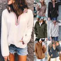 Fashion Solid Color Long Sleeve Stand Collar Plush Sweatshirt