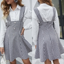 Fashion High Waist Front-button Plaid Suspender Skirt
