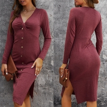 Sexy V-neck Slit Hem Long Sleeve Front-button Solid Color Slim Fit Dress