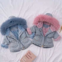 Denim Removable Fur Hooded Winter Coat Jacket for Kid