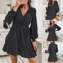 Sexy V-neck Long Sleeve High Waist Ruffle Hem Dots Printed Dress