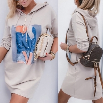 Casual Style Long Sleeve Hooded Printed Sweatshirt Dress