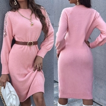 Fashion Solid Color Long Sleeve Round Neck Slim Fit Knit Dress