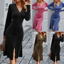 Sexy V-neck Long Sleeve Single-breasted Solid Color Slim Fit Dress