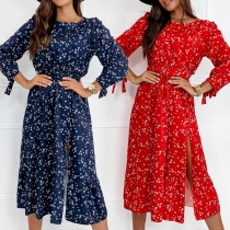 Fresh Style Long Sleeve Round Neck Slit Hem High Waist Printed Chiffon Dress