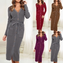 Fashion Long Sleeve V-neck Single-breasted Slim Fit Tie-belt Dress