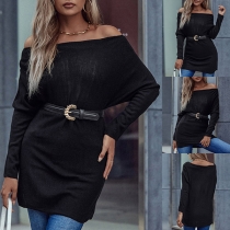 Sexy Oblique Shoulder Long Sleeve Solid Color Knit Top