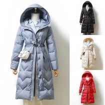 Fashion Solid Color Long Sleeve Hooded Down Coat with Waist Strap