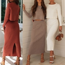 Sexy Long Sleeve Round Neck Crop Top + Slit Skirt Length Skirt Knit Two-piece Set