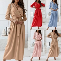 Sexy V-neck Long Sleeve Tie-belt High Waist Solid Color Dress