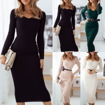 Fashion Solid Color Long Sleeve V-neck Slim Fit Knit Dress
