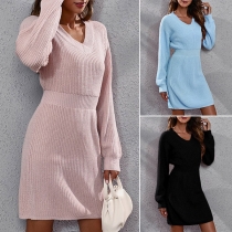 Simple Style Long Sleeve V-neck High Waist Slim Fit Knit Dress
