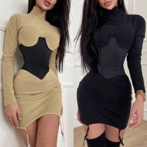 Chic Style Long Sleeve Mock Neck Irregular Hem Tight Dress + Girdle Two-piece Set