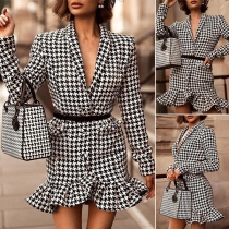 Sexy Deep V-neck Long Sleeve Fishtail Hem Slim Fit Houndstooth Dress