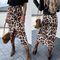 Mode hög midja slitsfåll Leopardtryckt Slim Fit-kjol
