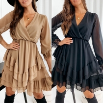Sweet Style Long Sleeve V-neck Ruffle Hem Solid Color Chiffon Dress