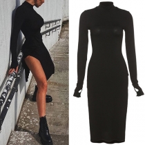 Fashion Solid Color Long Sleeve Mock Neck Slit Hem Slim Fit Dress