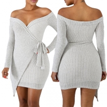 Sexy Off-shoulder V-neck Irregular Hem Tie-belt Slim Fit Knit Dress