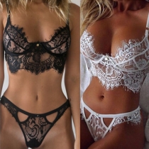 Set med Sexig Lågmidja Genomskinlig Spets Rygglös BH och Underkläder