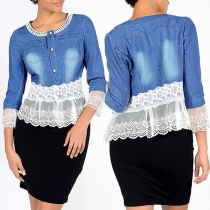 Fashion Lace Spliced Hem Beaded Round Neck Denim Coat
