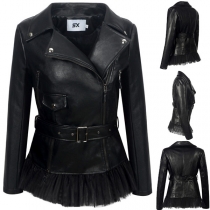 Fashion Gauze Spliced Hem Long Sleeve Oblique Zipper Slim Fit PU Leather Jacket