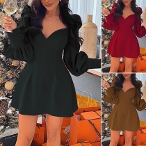Sexy V-neck Lantern Sleeve High Waist Solid Color Princess Dress