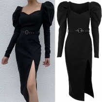 Sexy Slit Hem Square Collar Puff Sleeve Solid Color Slim Fit Party Dress