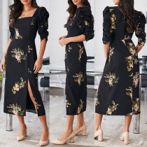 Sexy Square Collar Slit Hem Half Sleeve Slim Fit Printed Dress