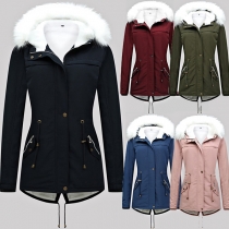 Fashion Solid Color Faux Fur Spliced Hooded Drawstring Waist Plush Lining Coat